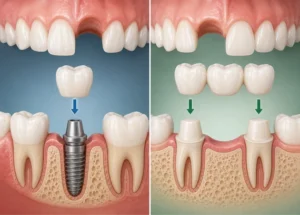 Dental implants Shoreline WA compared with dental bridge for replacing a missing tooth